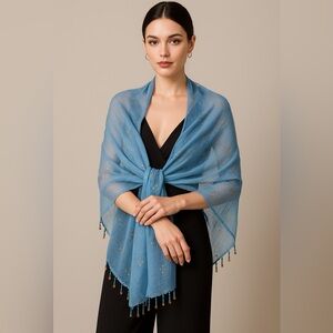Vintage Blue Sheer Scarf Gold Metallic Beaded Fringe Evening Wrap 17.5x72